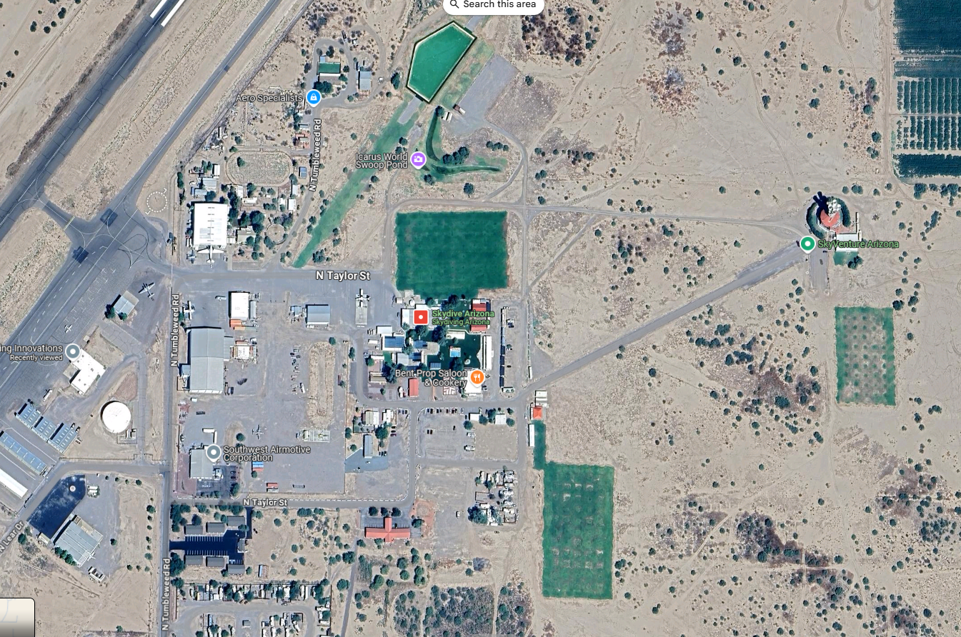 Aerial satellite overview of Skydive Arizona showing all three landing areas, the swoop pond, runway, and full facility