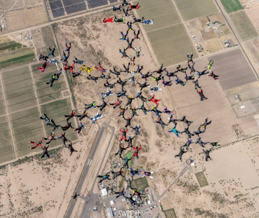 Large formation skydive over Skydive Arizona with dozens of skydivers linked together in freefall, photographed from above by Swindle