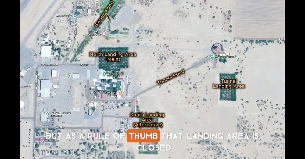 Annotated satellite view of Skydive Arizona showing North Landing Area (Main), South Landing Area (Alternative), Swoop Pond, Tunnel Landing Area, and Tunnel Road