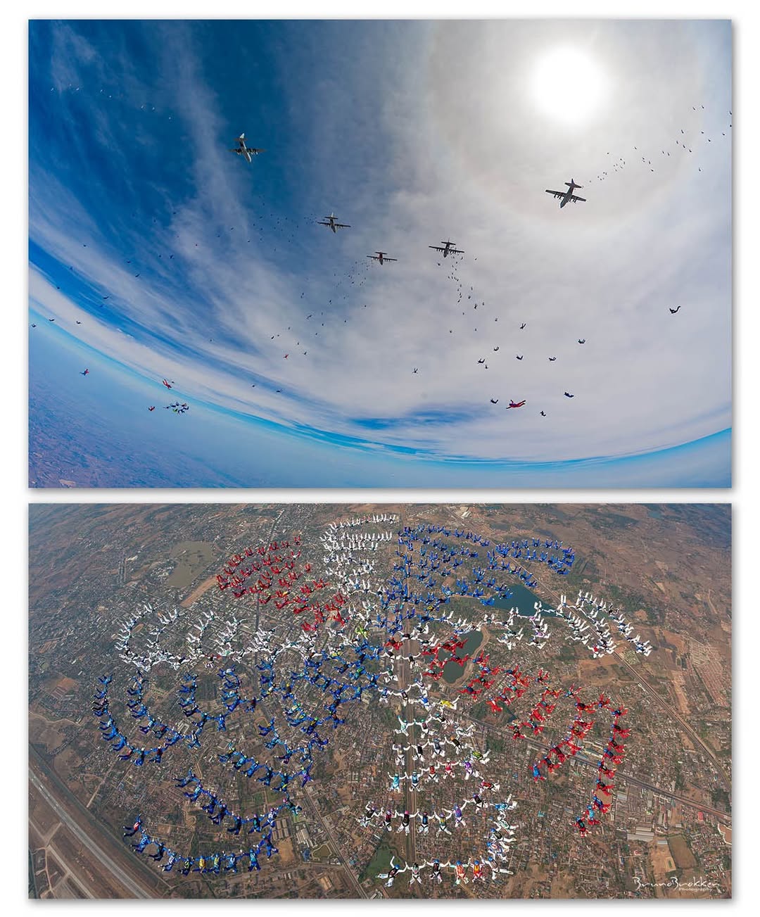 World record large formation skydiving — top panel shows multiple aircraft with hundreds of skydivers exiting, bottom panel shows 400+ skydivers in a massive linked formation photographed from above